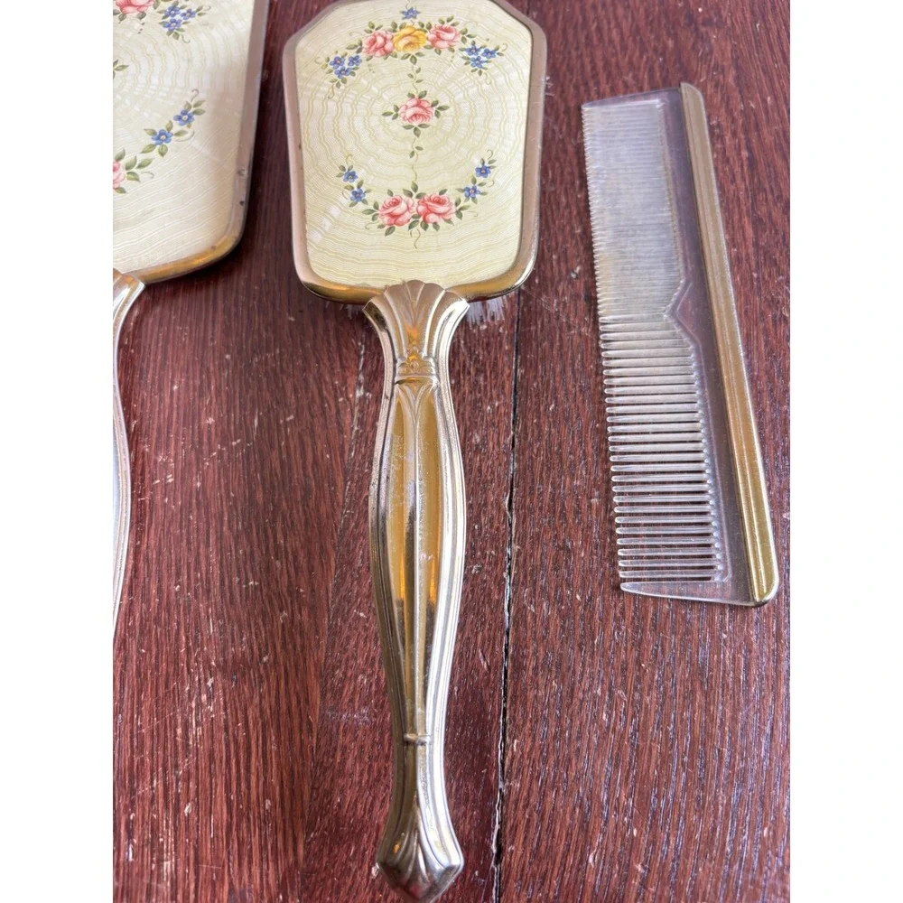Vintage Floral Guilloche Vanity Set Hand Mirror Brush Comb Gold Tone 3pc